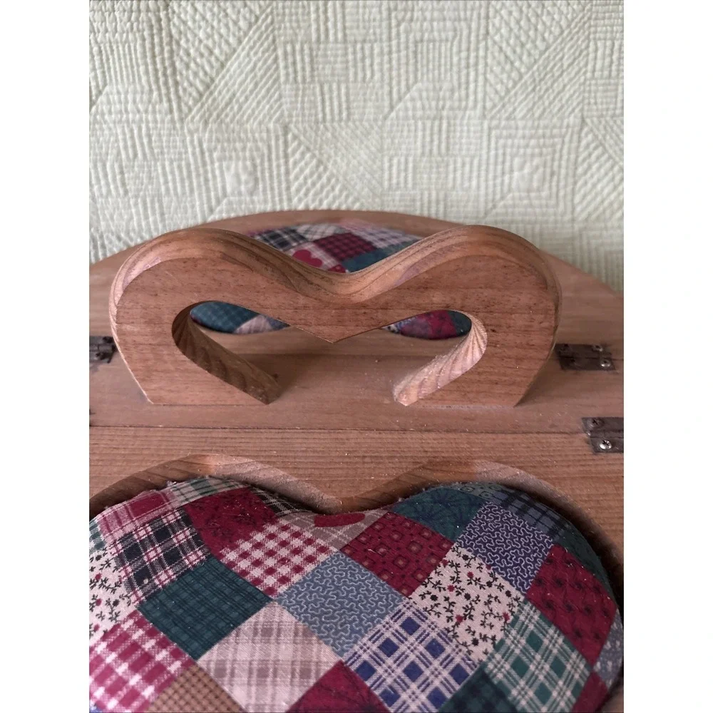 Vintage Bushel Sewing Basket Wooden DuelFlip Top Heart Handle Check Liner 14